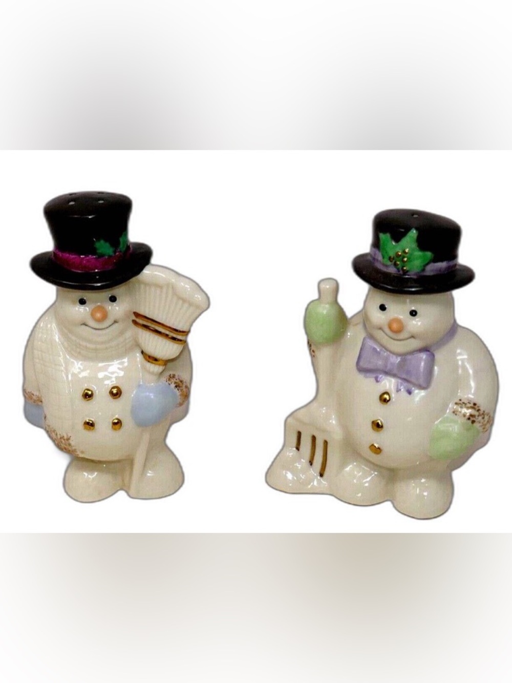 Lenox Holiday Snowman Salt & Pepper Shakers - White, Black, Green, Purple, Gold